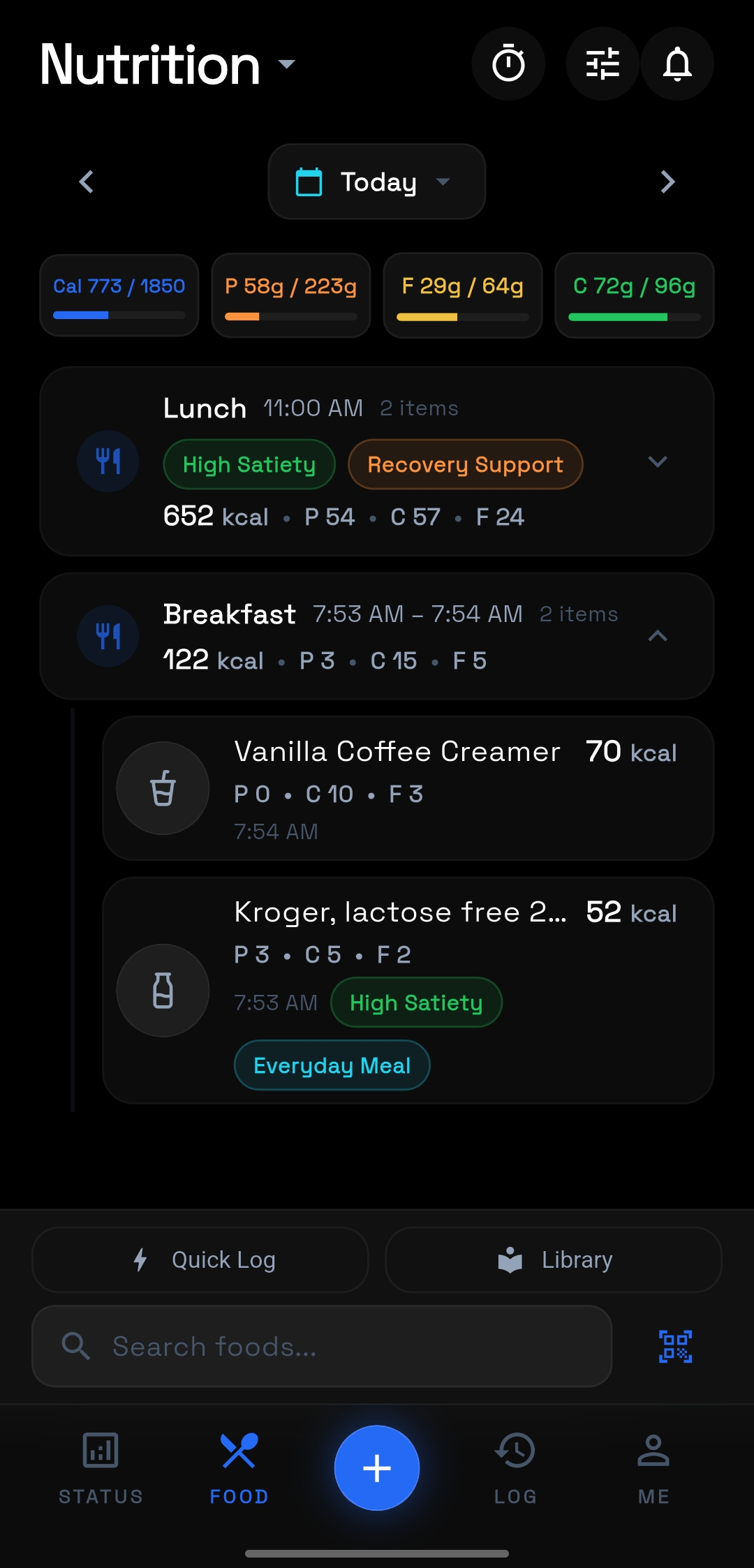 Saker nutrition logging screen